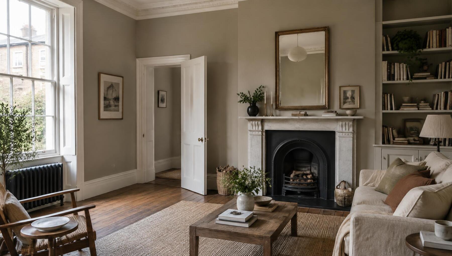 Elegant British living room with warm neutral painted walls and crisp white woodwork